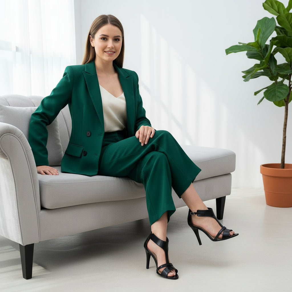 Woman in a green suit sitting on a white couch with a plant in the background