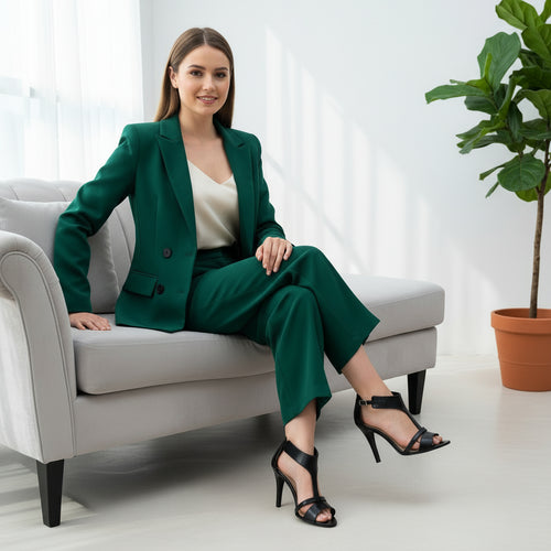 Woman in a green suit sitting on a white couch with a plant in the background