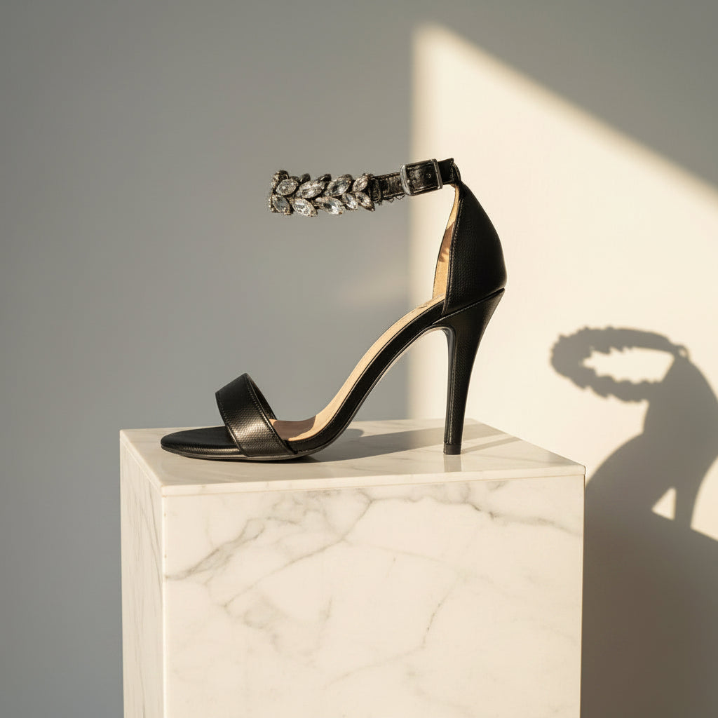 Black high-heeled sandal with embellished strap on a marble pedestal against a gray background
