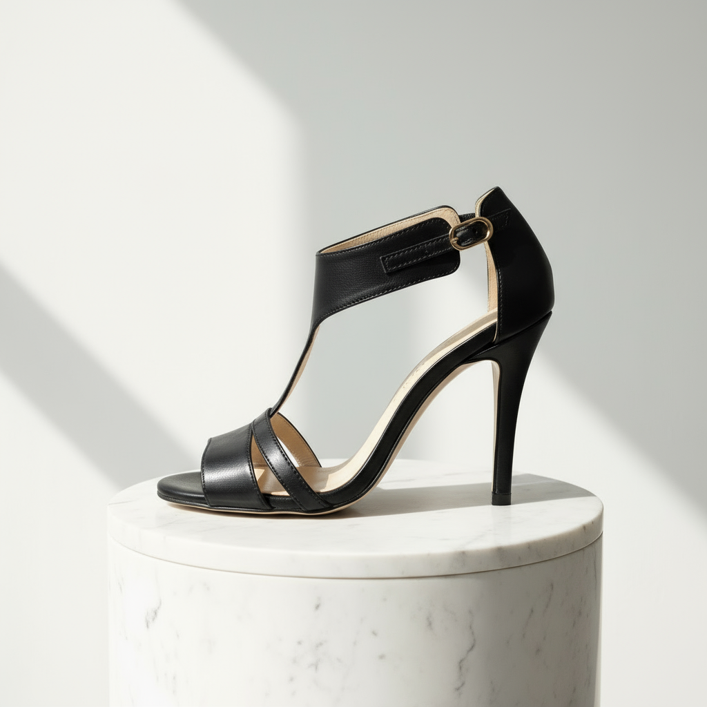 Black open work high heels raised on a marble pedestal. 