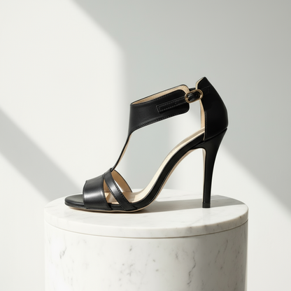 Black open work high heels raised on a marble pedestal. 