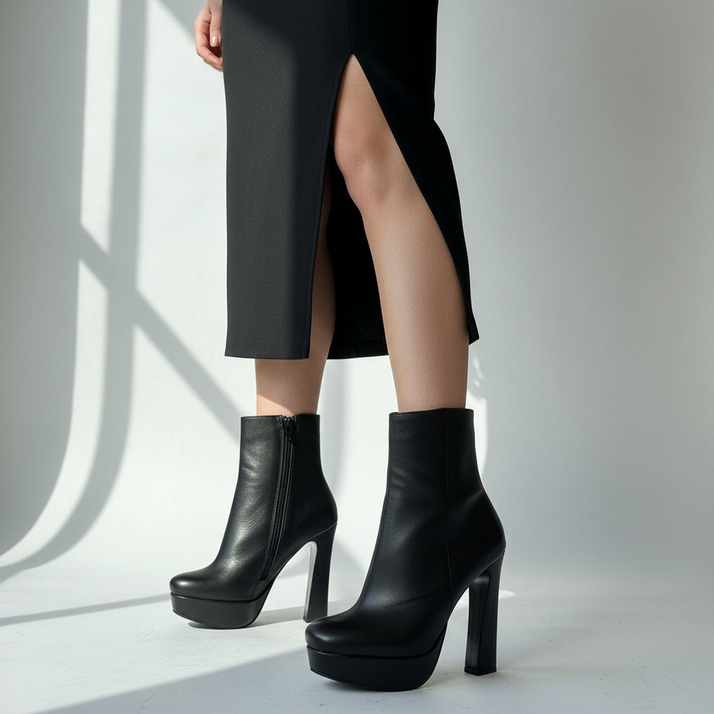Black leather platform boots with high heels on a light background