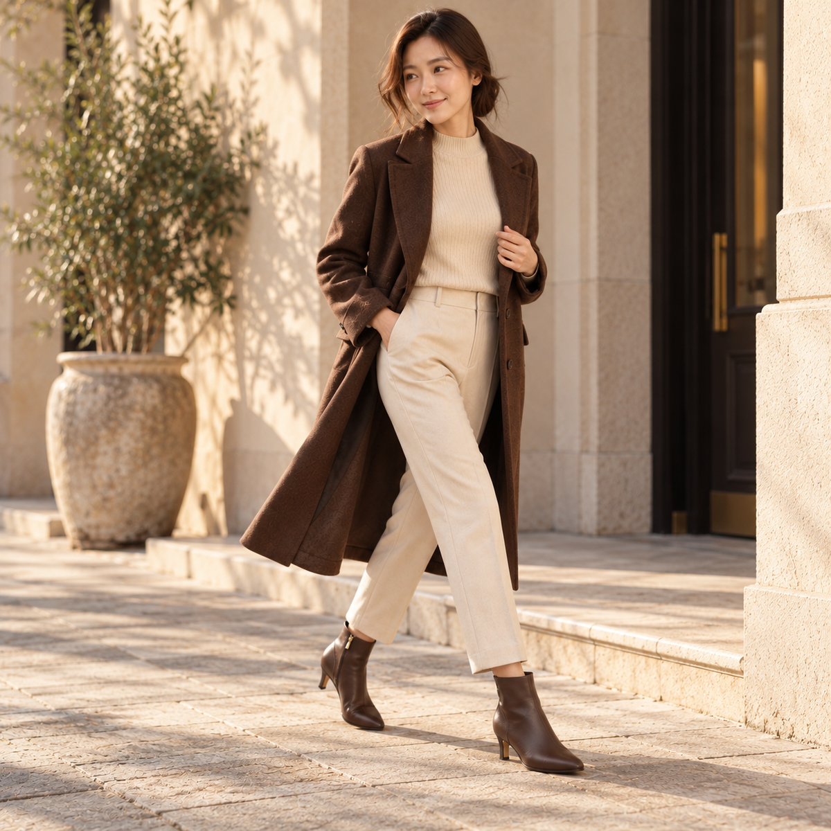 A woman walking outdoors in a stylish outfit consisting of a long brown coat, beige turtleneck, beige trousers, and brown ankle boots, set against a warm stone building background.