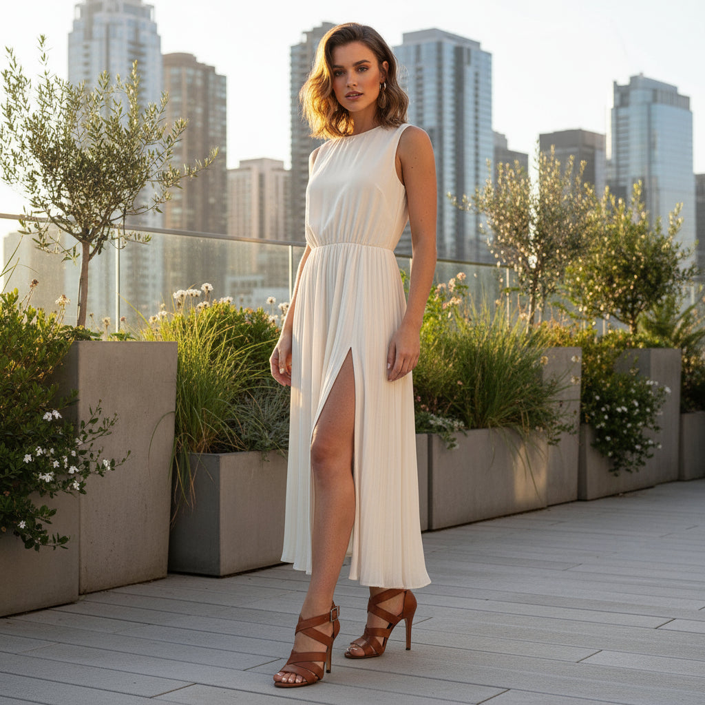 Woman in a white dress standing on a rooftop with city skyline in the background