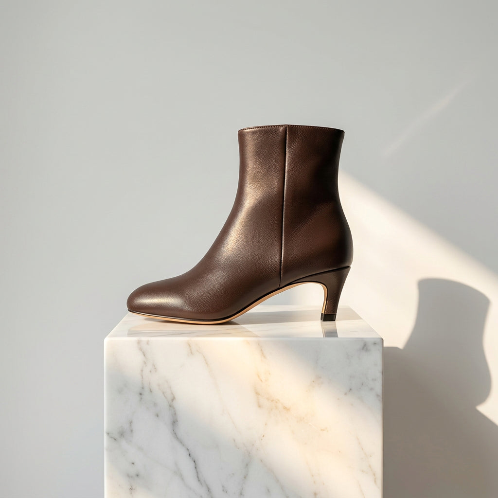 A dark brown leather ankle boot with a low kitten heel, shown from a side profile against a light blue background.