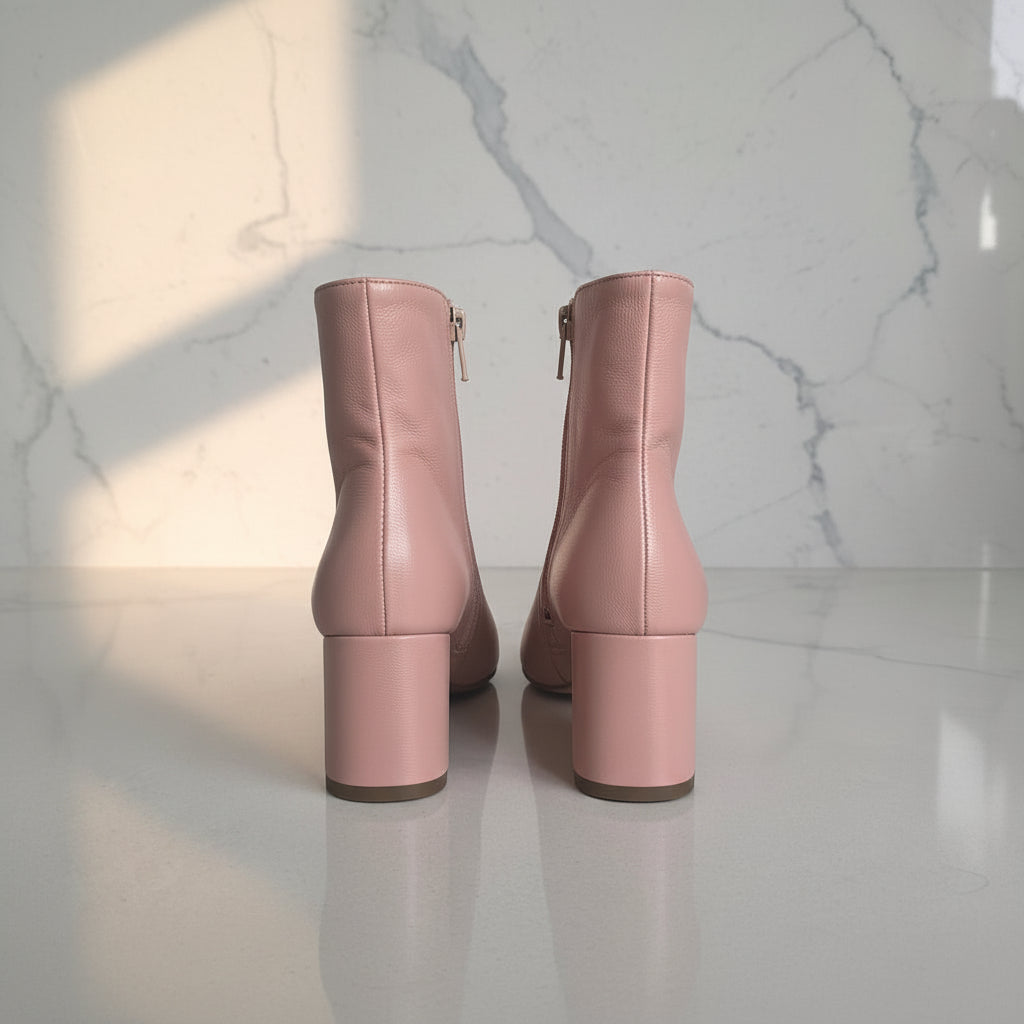 Pair of pink ankle boots on a reflective floor.