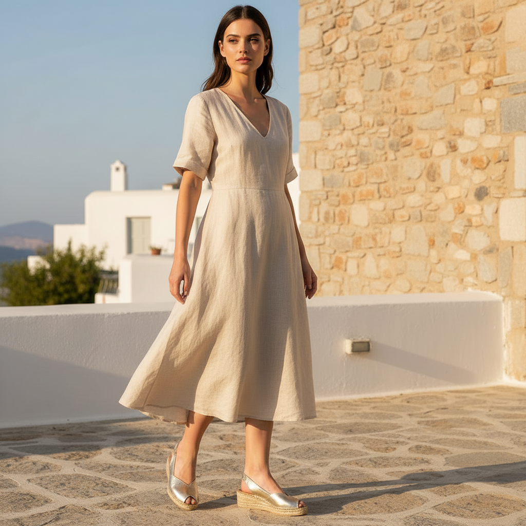 A woman wearing a light beige linen midi dress with short sleeves and a V-neckline, standing on a stone patio in front of a white-walled building with a stone wall.