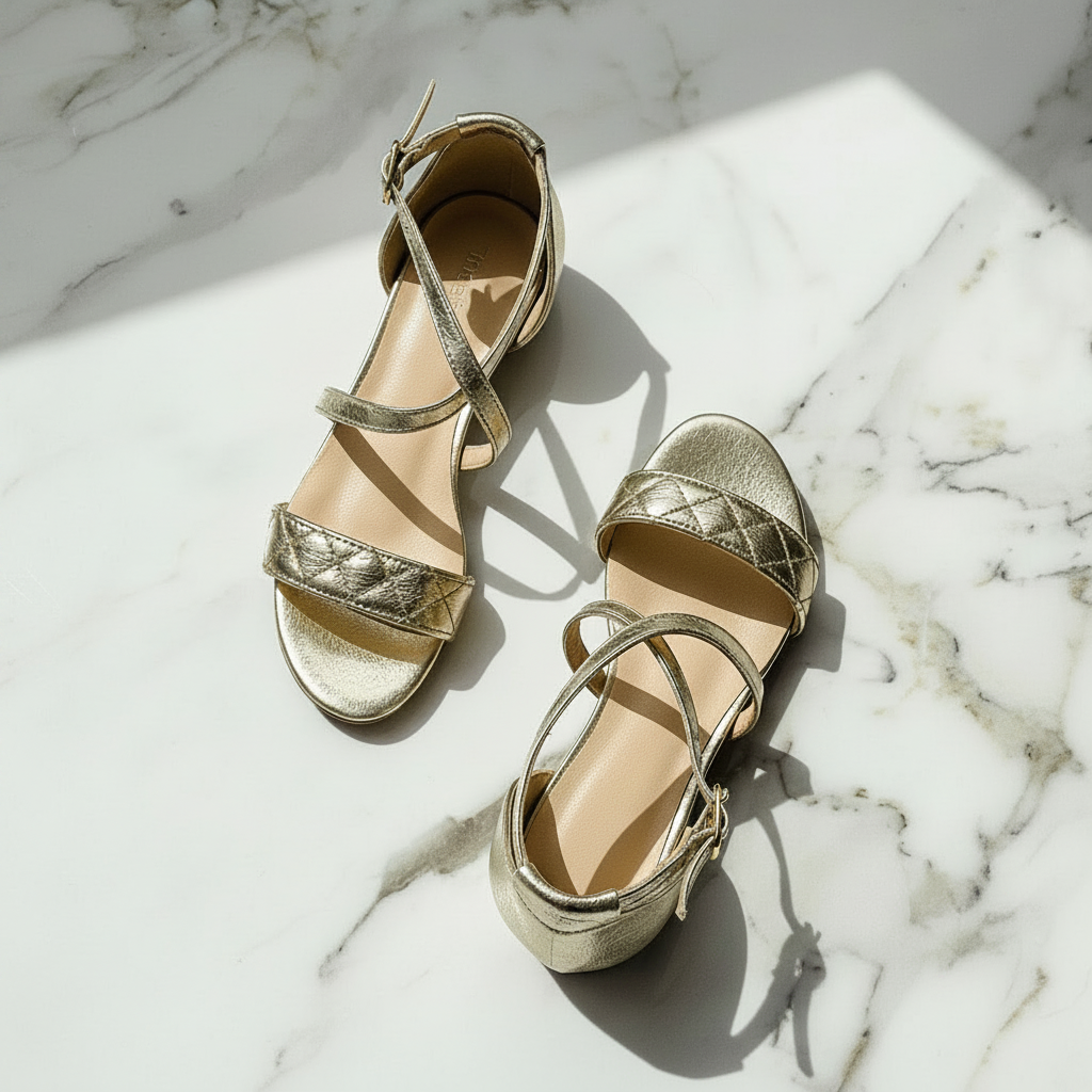 Gold high-heeled sandals on a marble surface