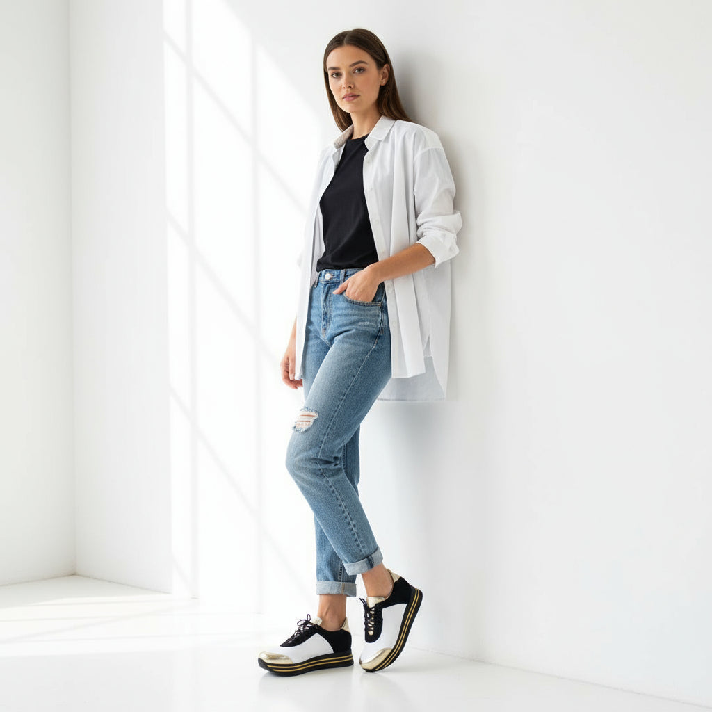Pair of black and white sneakers with gold accents on a marble surface