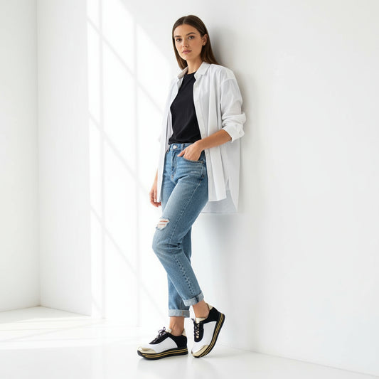 Pair of black and white sneakers with gold accents on a marble surface