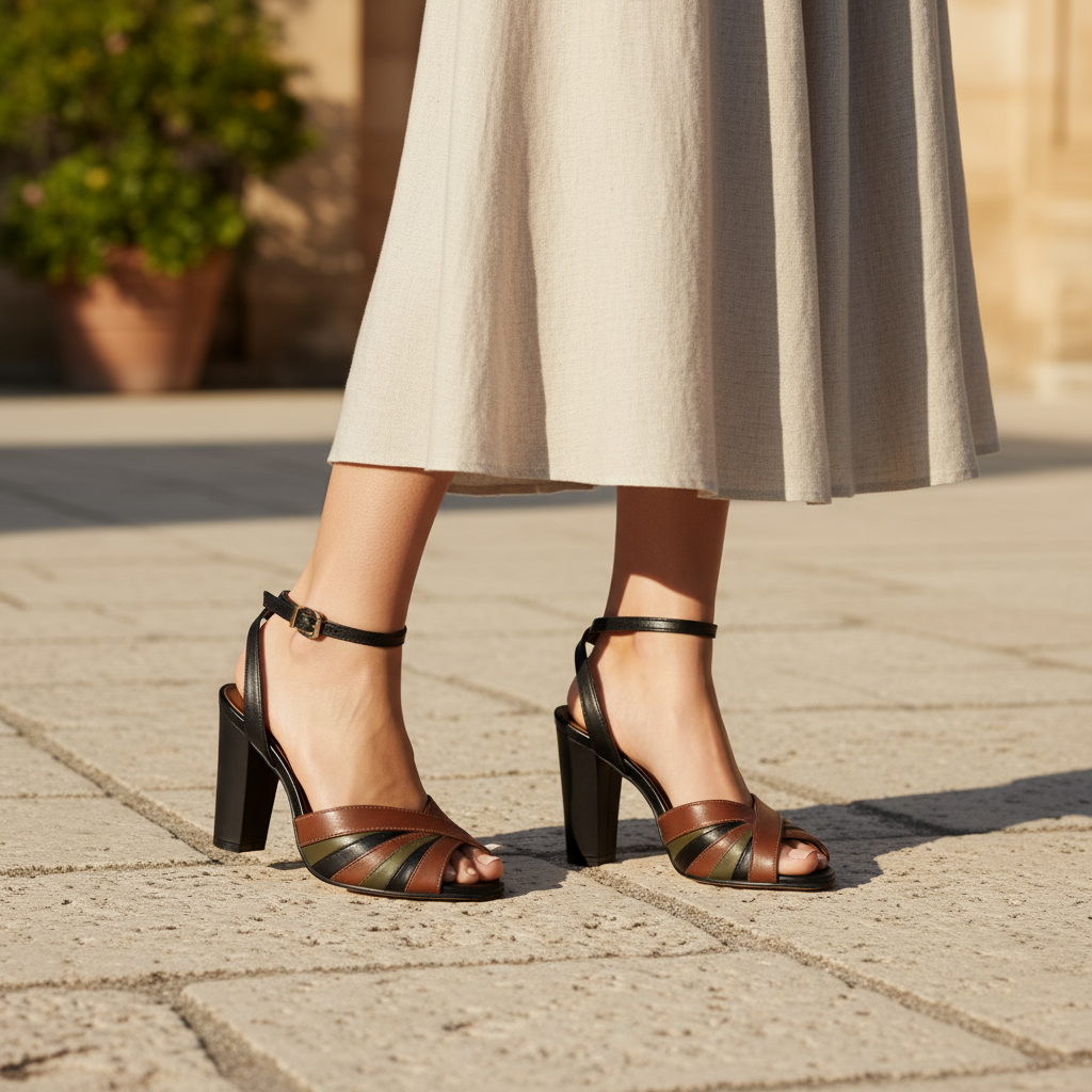 Brown strappy sandals on a stone pavement with a blurred background