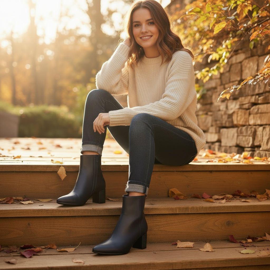 Pair of navy ankle boots on a marble surface