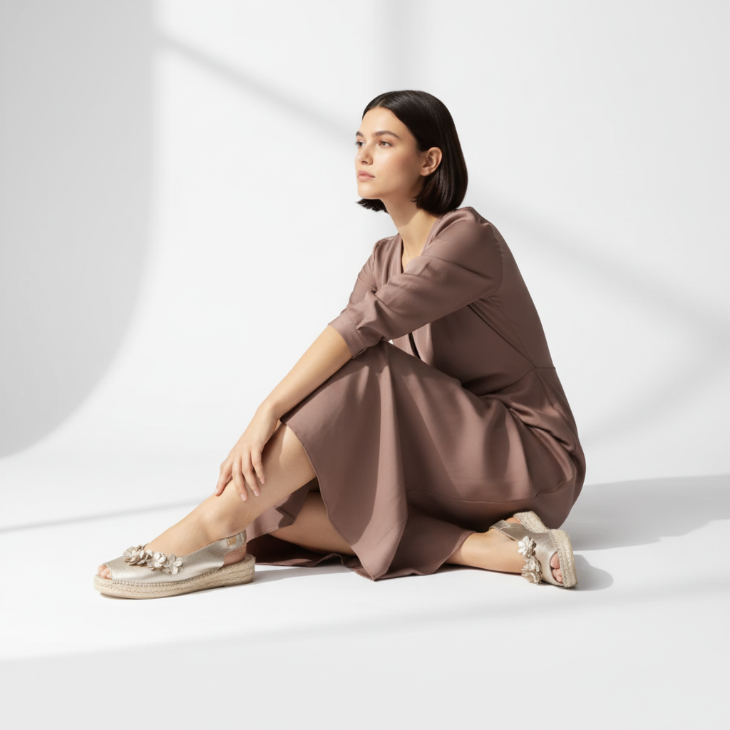 Woman in a brown dress sitting on a white floor with a white curtain background
