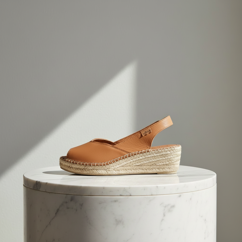 A single tan leather espadrille wedge sandal with a braided jute platform sole, displayed on a white marble pedestal against a neutral gray background with a diagonal shadow.