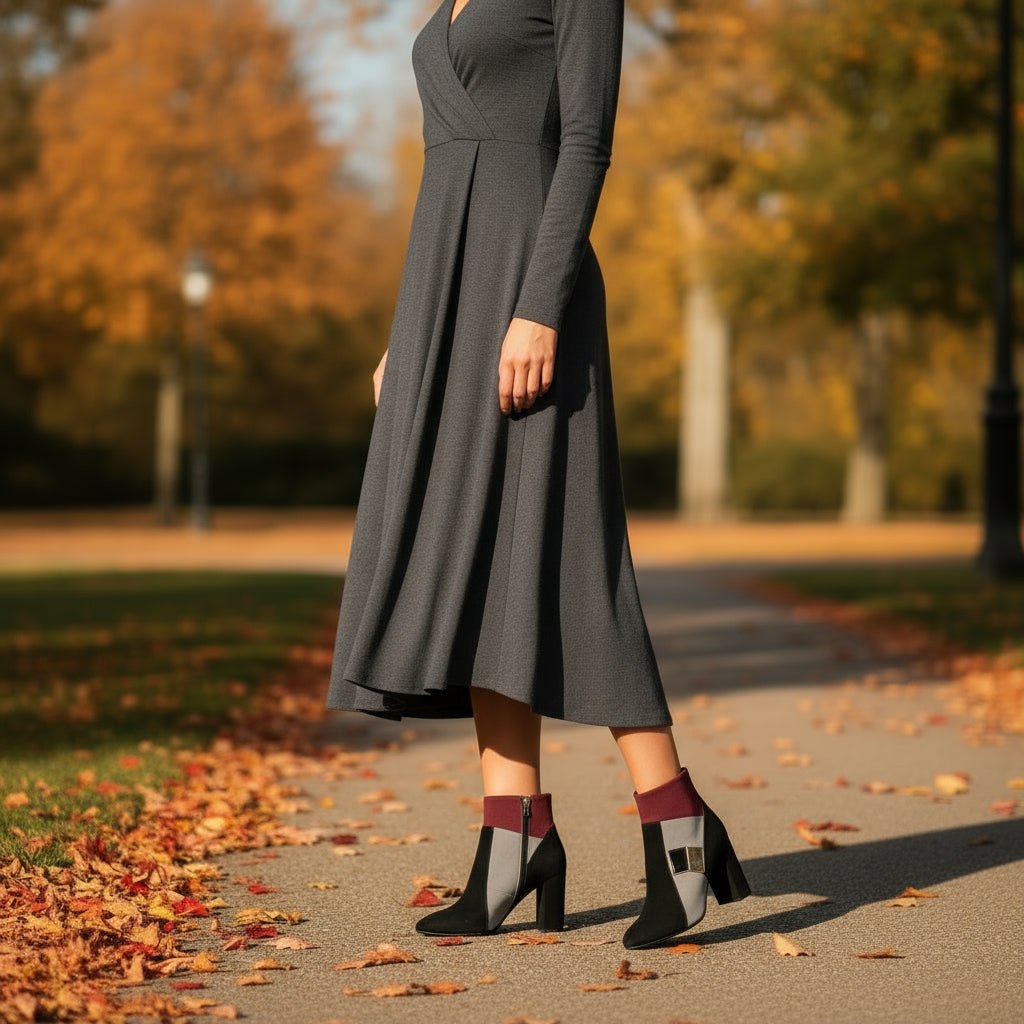 Black high-heeled boots with geometric pattern worn by a model in a park