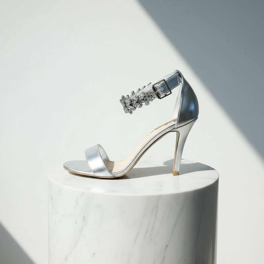 Petite silver leather crystal heels on a marble stand