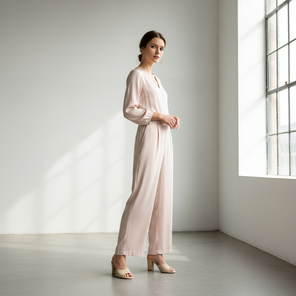 Woman in a light pink outfit standing in a minimalistic room with a large window.
