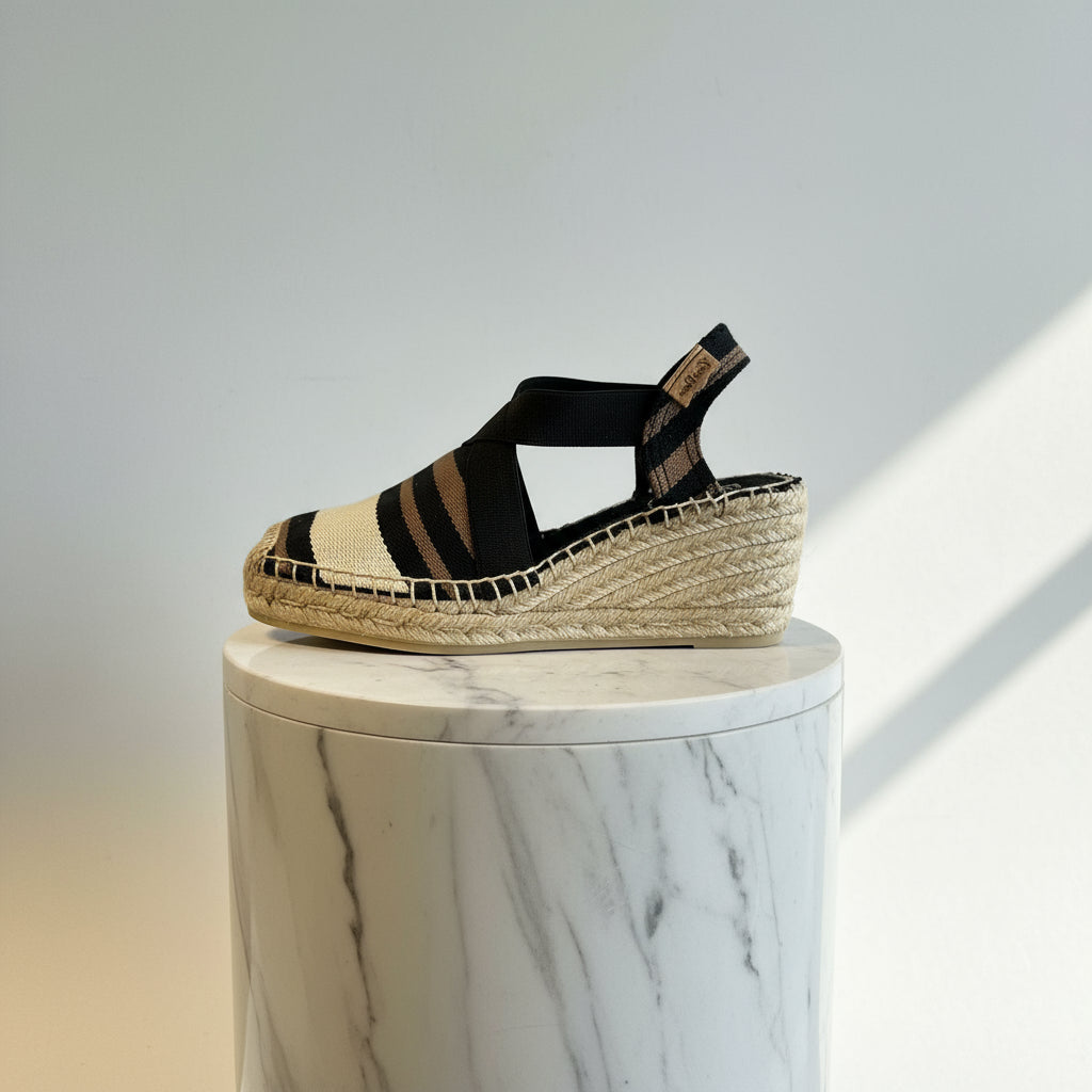 Petite striped cotton espadrilles with jute 3cm wedge heel, elastic straps, and padded insole