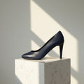 Navy high-heeled shoe on a white surface with a blurred green leaf in the background
