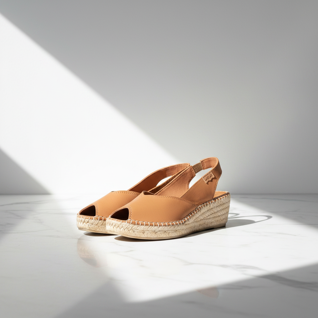 A pair of tan leather espadrille wedge sandals with open toes and ankle straps, styled on a white marble surface under dramatic diagonal sunlight.