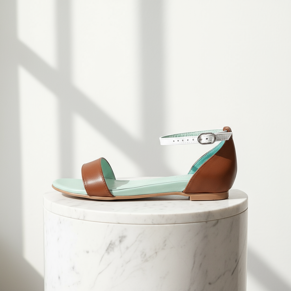 Mint green and brown sandal on a white marble surface with light shadows.