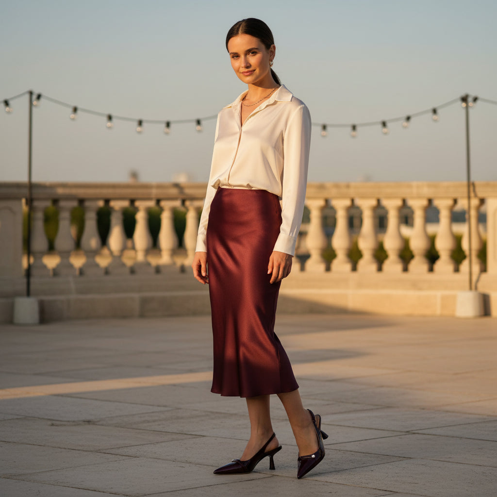 Full-length editorial shot of woman wearing burgundy patent slingback kitten heels with white silk blouse and burgundy satin midi skirt on a stone terrace at golden hour.