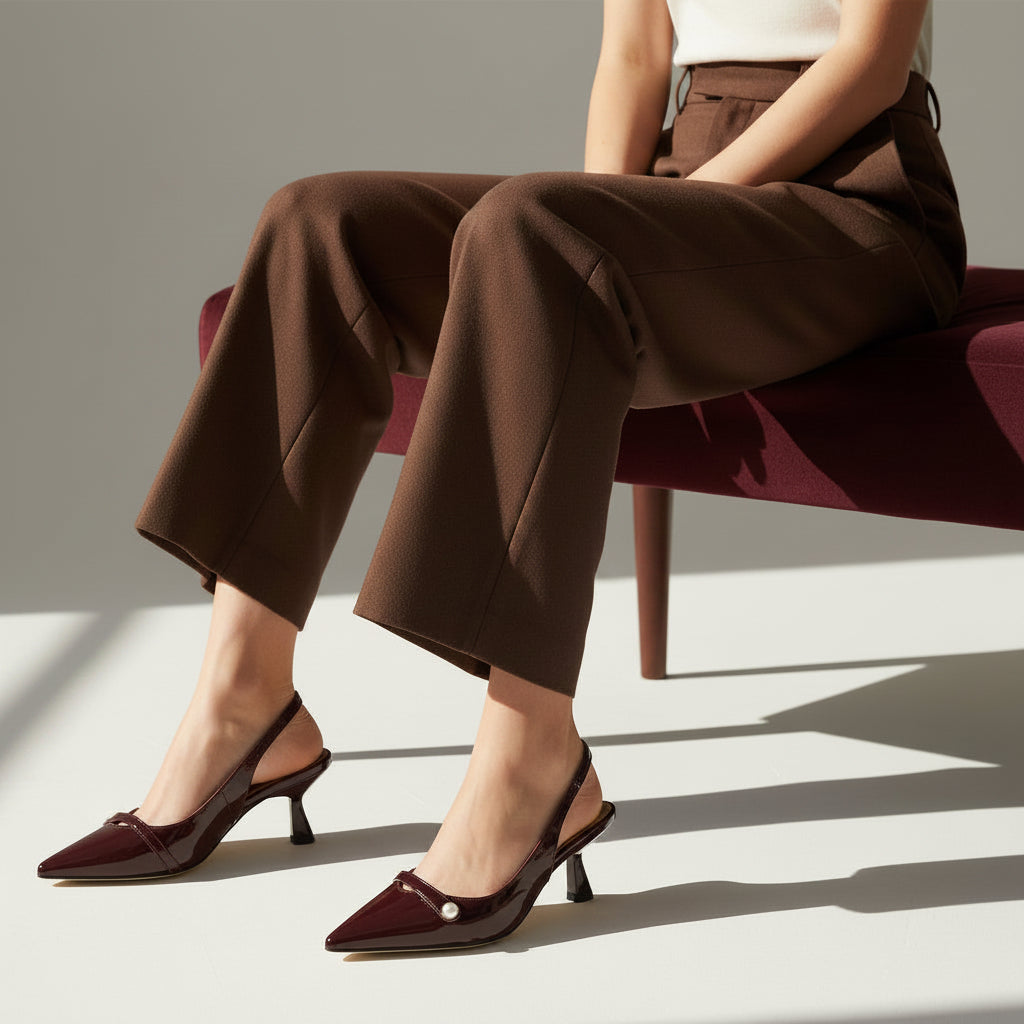 Woman seated wearing burgundy patent leather pointed-toe slingback kitten heels with pearl detail, styled with wide-leg chocolate brown trousers.