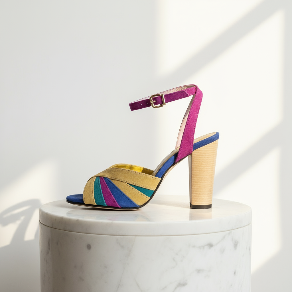 Colorful striped sandal on a white marble pedestal with a light background