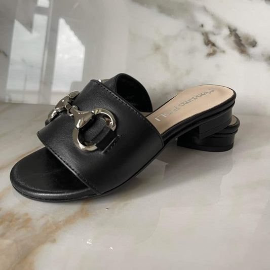 Black leather petite slip on sandals