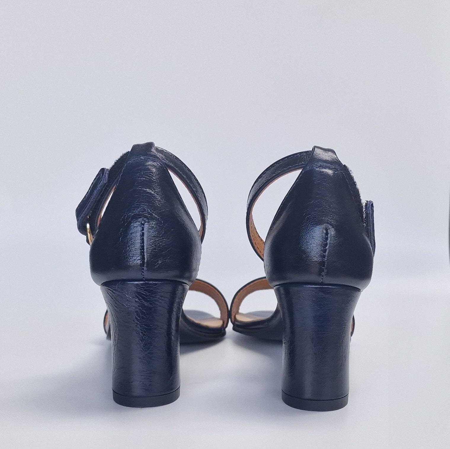 Block heel navy leather sandals