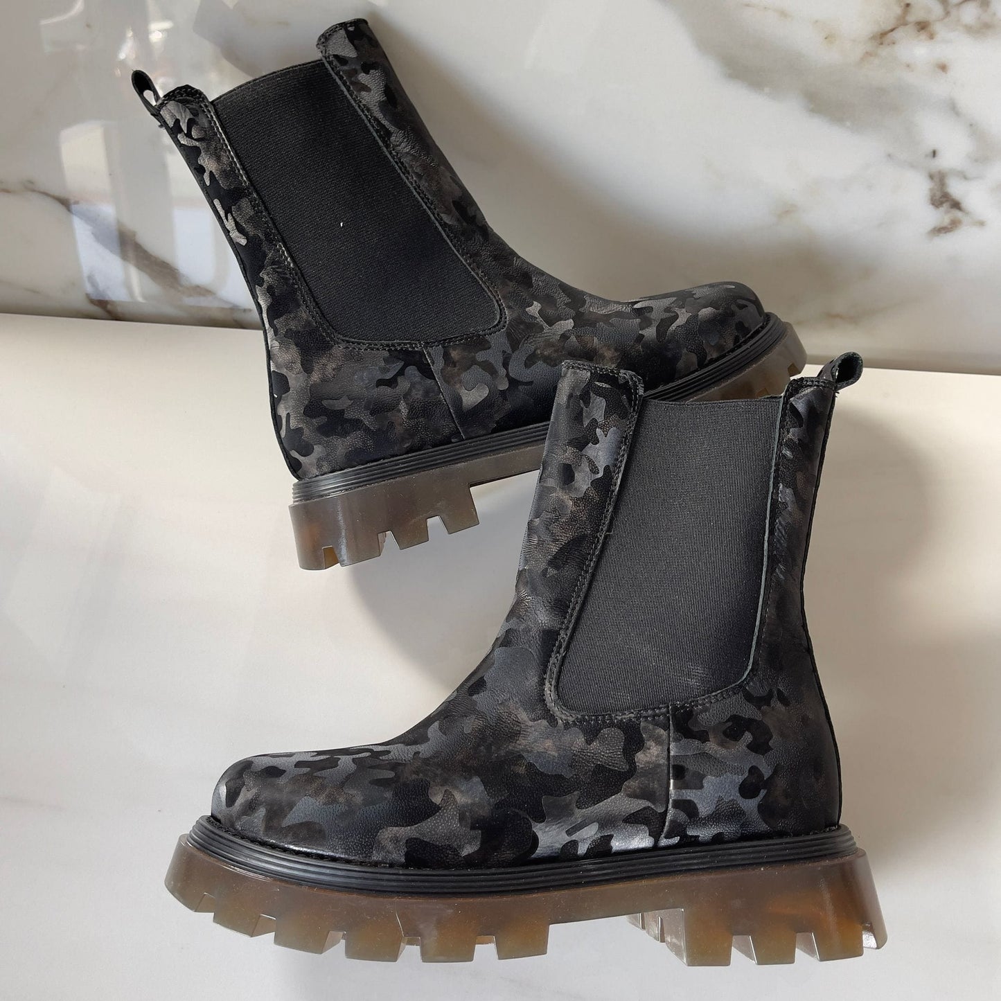 Army style ladies stomper boots in black and grey leather