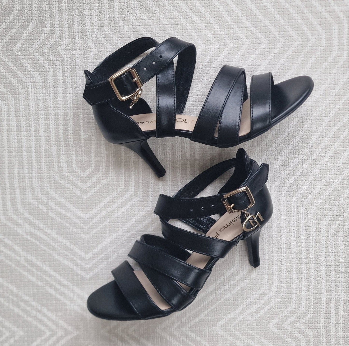 Black leather strappy heels in petite size