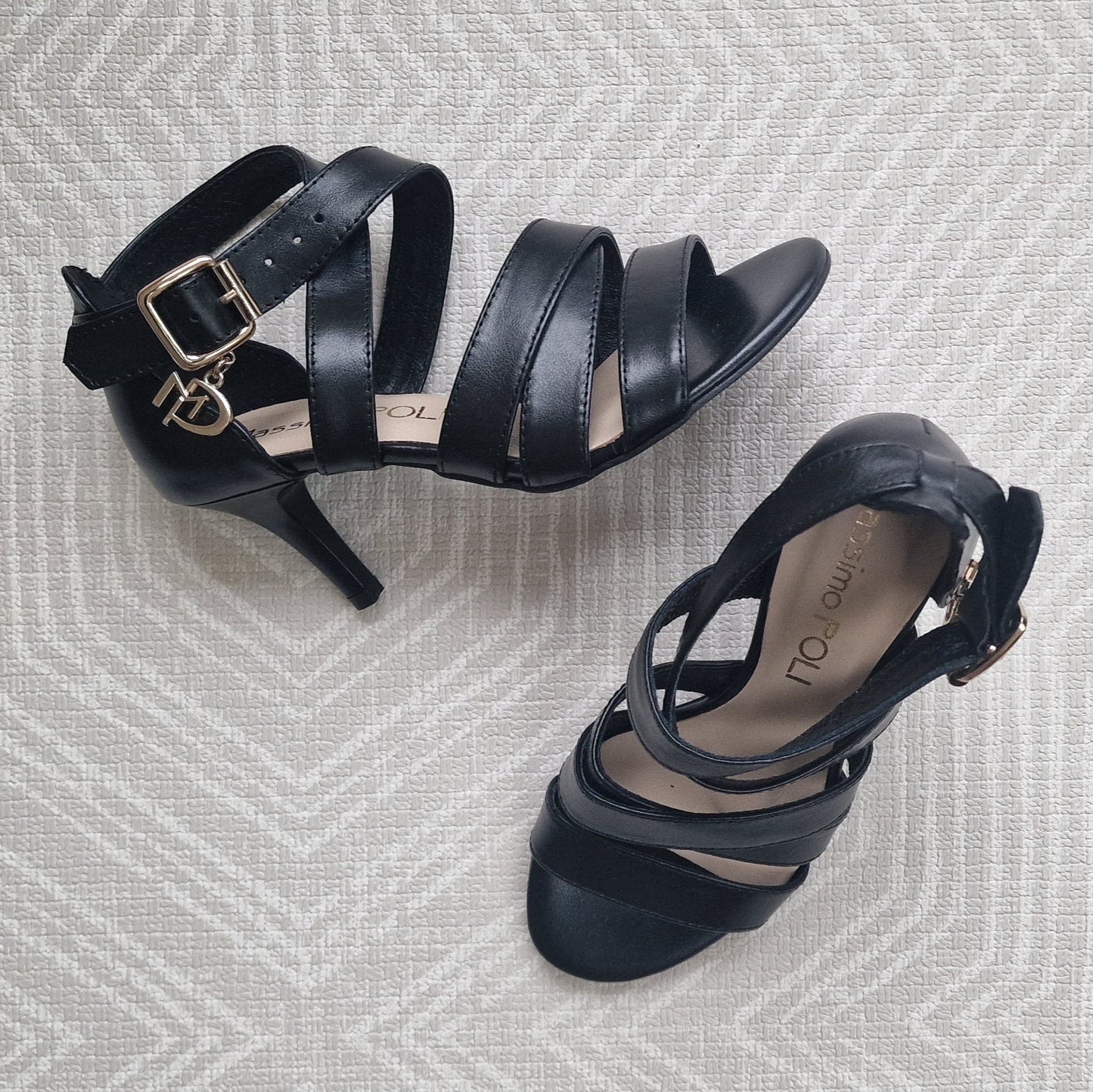 Black leather strappy heels in petite size