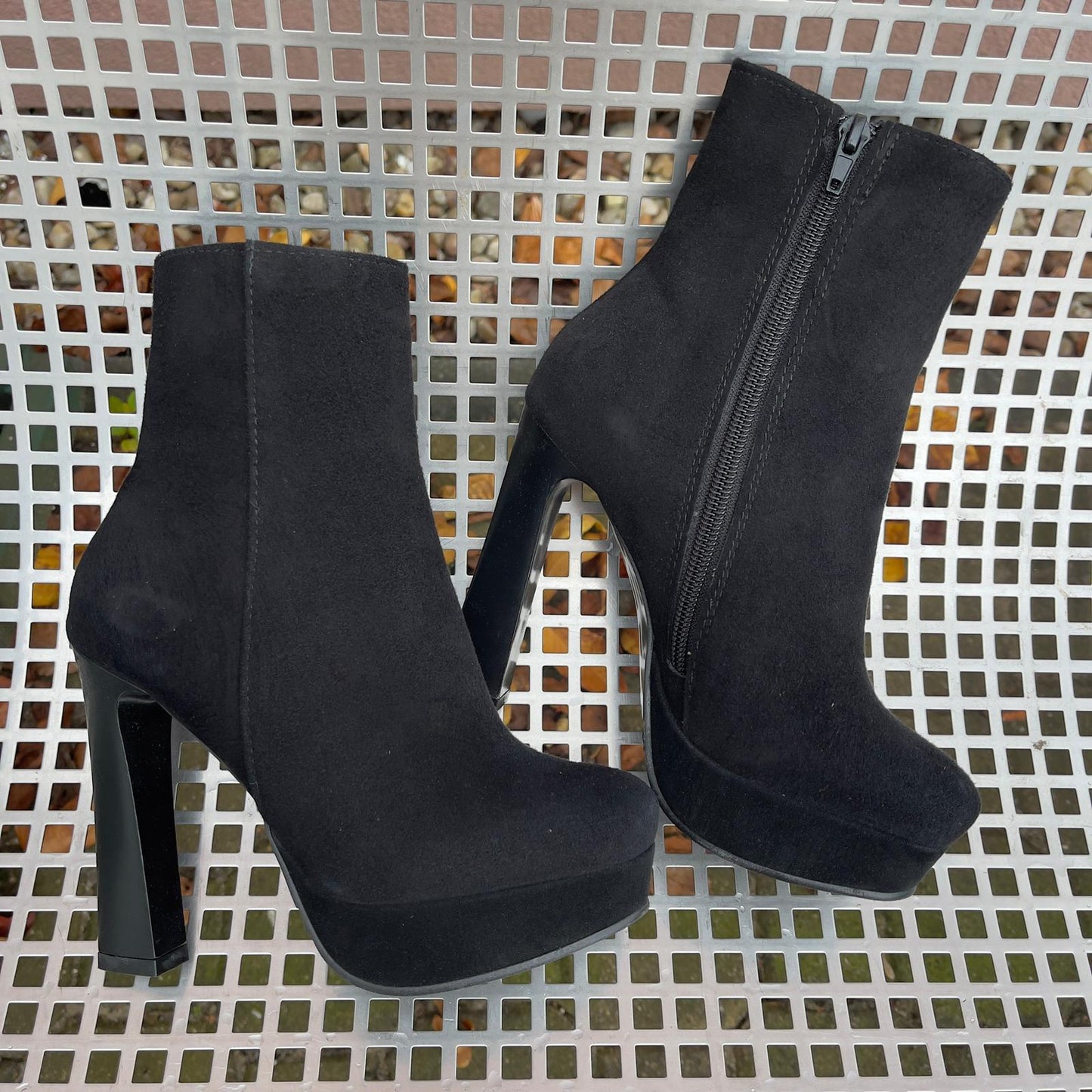 High heel petite size ladies platform boots in black suede