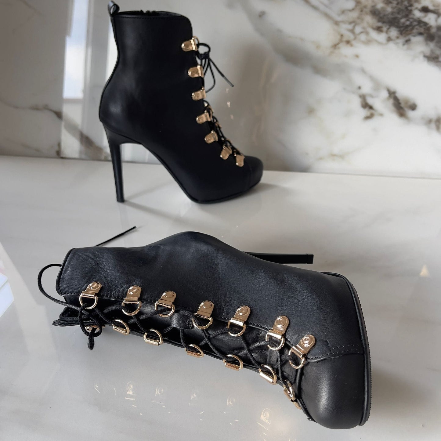 Black leather lace up gladiator style high heel boots