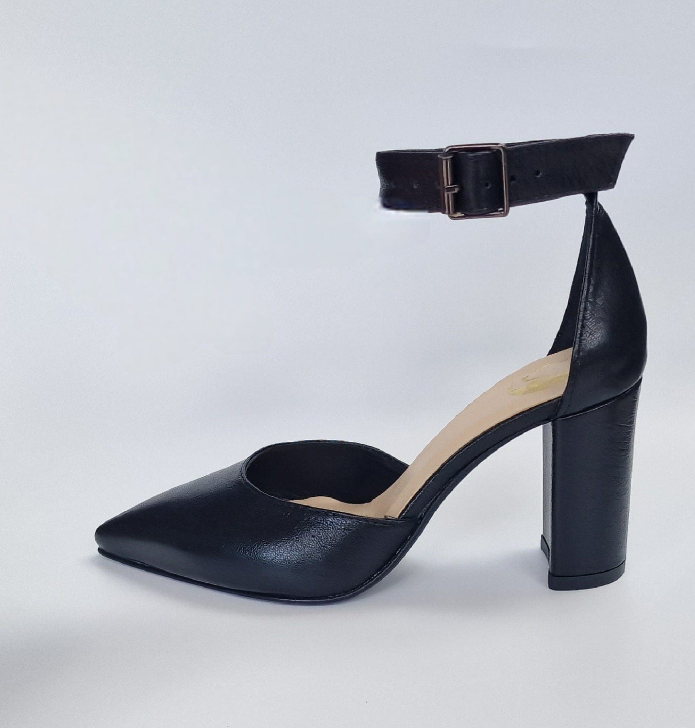 Pointed toe black leather court shoes with ankle strap