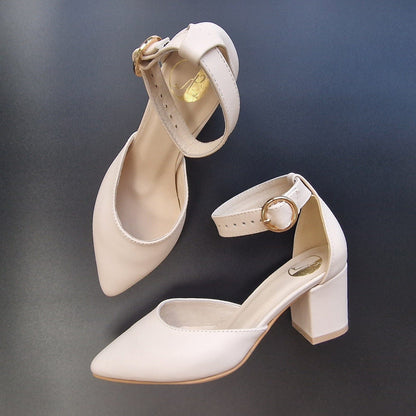 Block kitten heel ankle strap court shoes in nude leather.