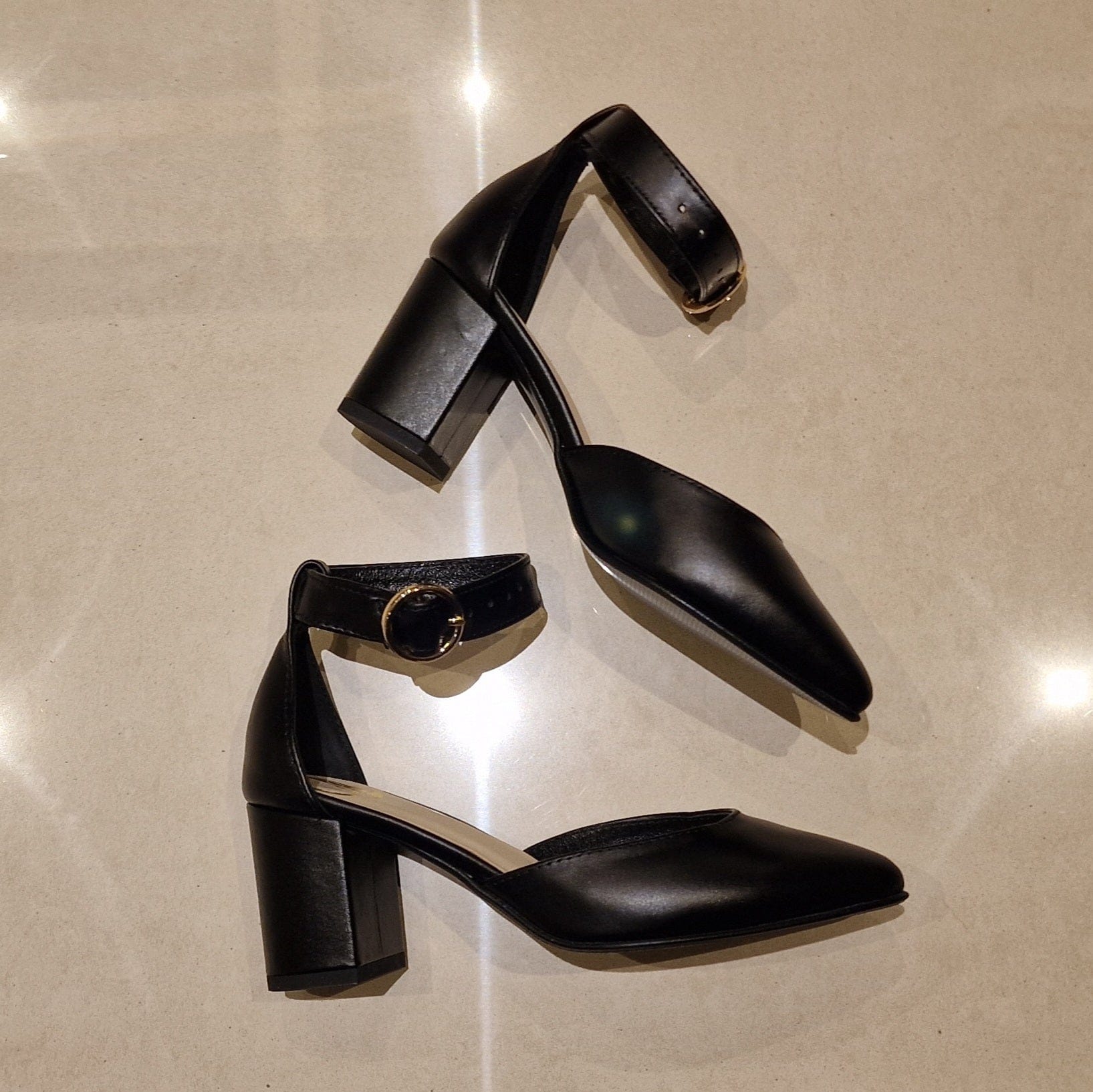Black leather  block heel ankle strap court shoes