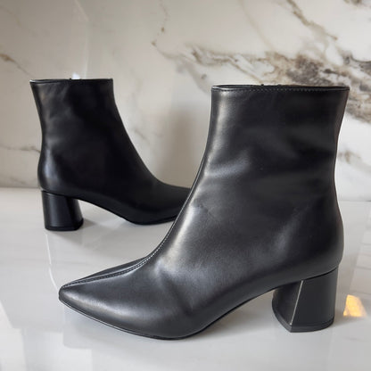 Pointed toe block heel ankle boots in black leather