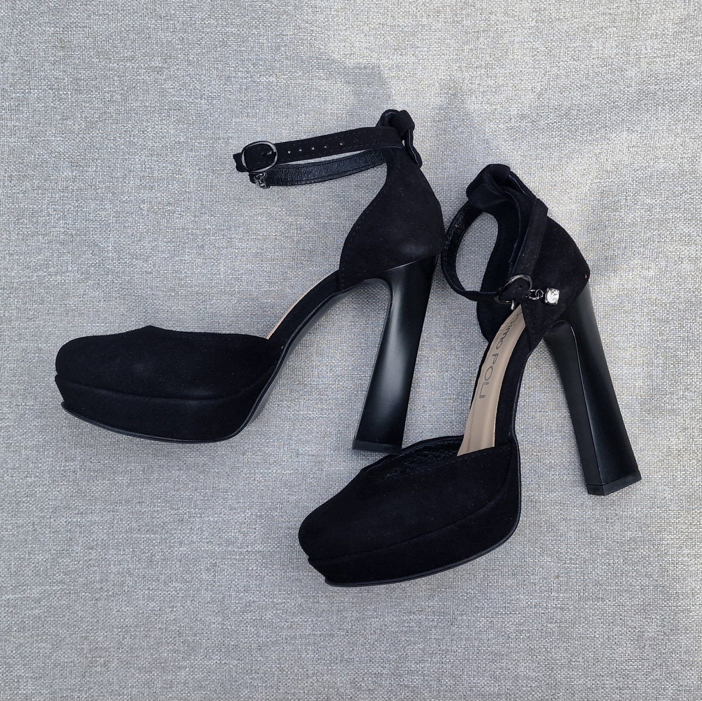 Black suede platform ankle heels