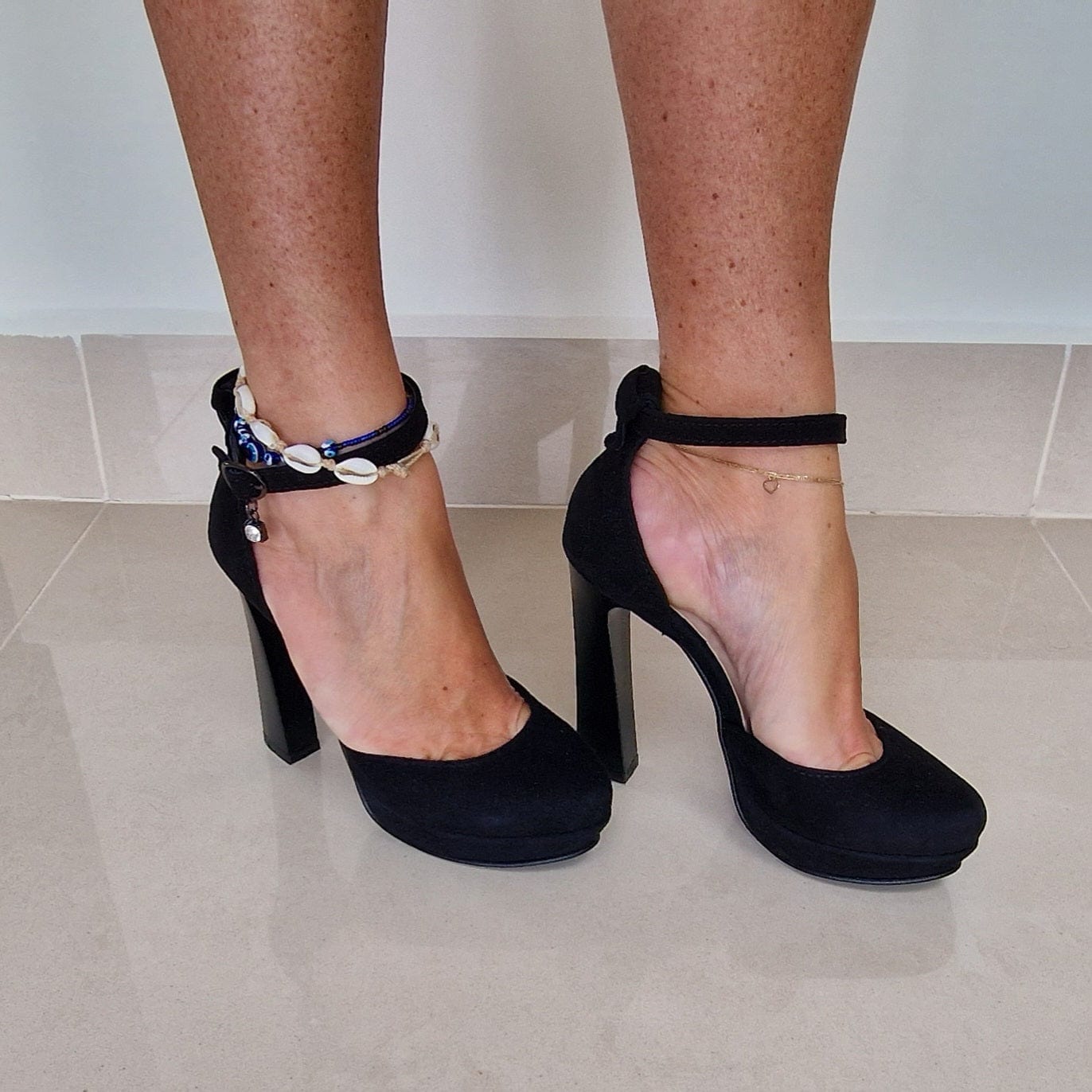 Almond toe high heeled platform shoes in black suede