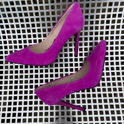 High heel small size ladies court shoes in hot pink suede
