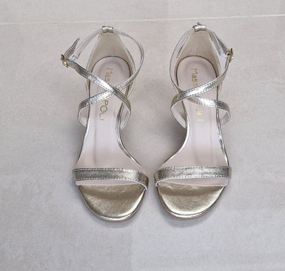 Kitten heel cross strap wedding sandals in gold leather