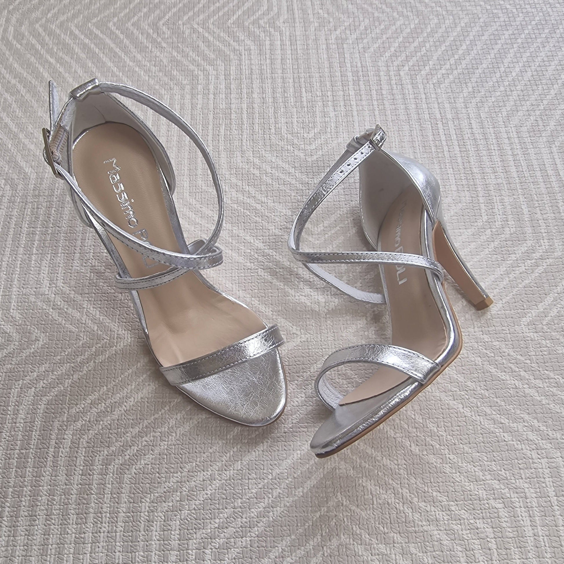 Cross strap silver leather heels