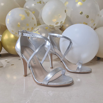 Cross strap silver wedding heels