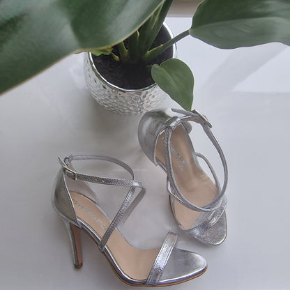 Silver genuine leather wedding sandals in small size