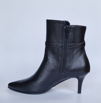 Pointed toe black leather, kitten heel small size ankle boots