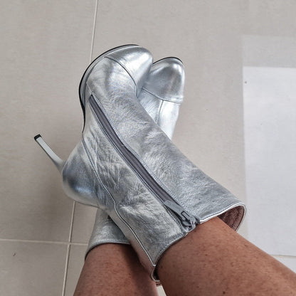 Silver leather calf boots set on a stiletto heel