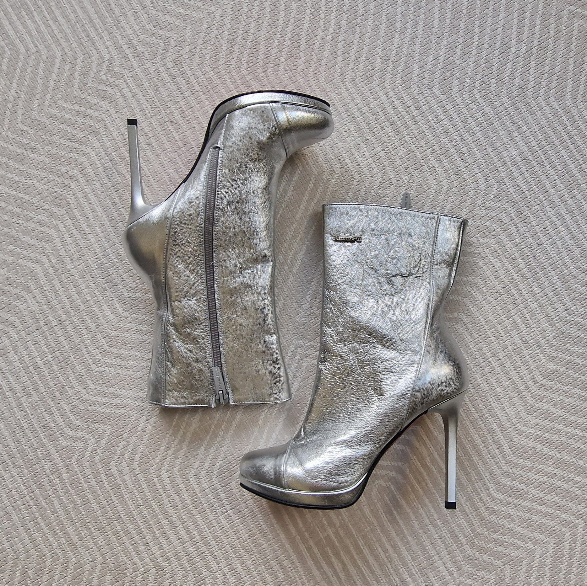 High heel platform boots in silver leather