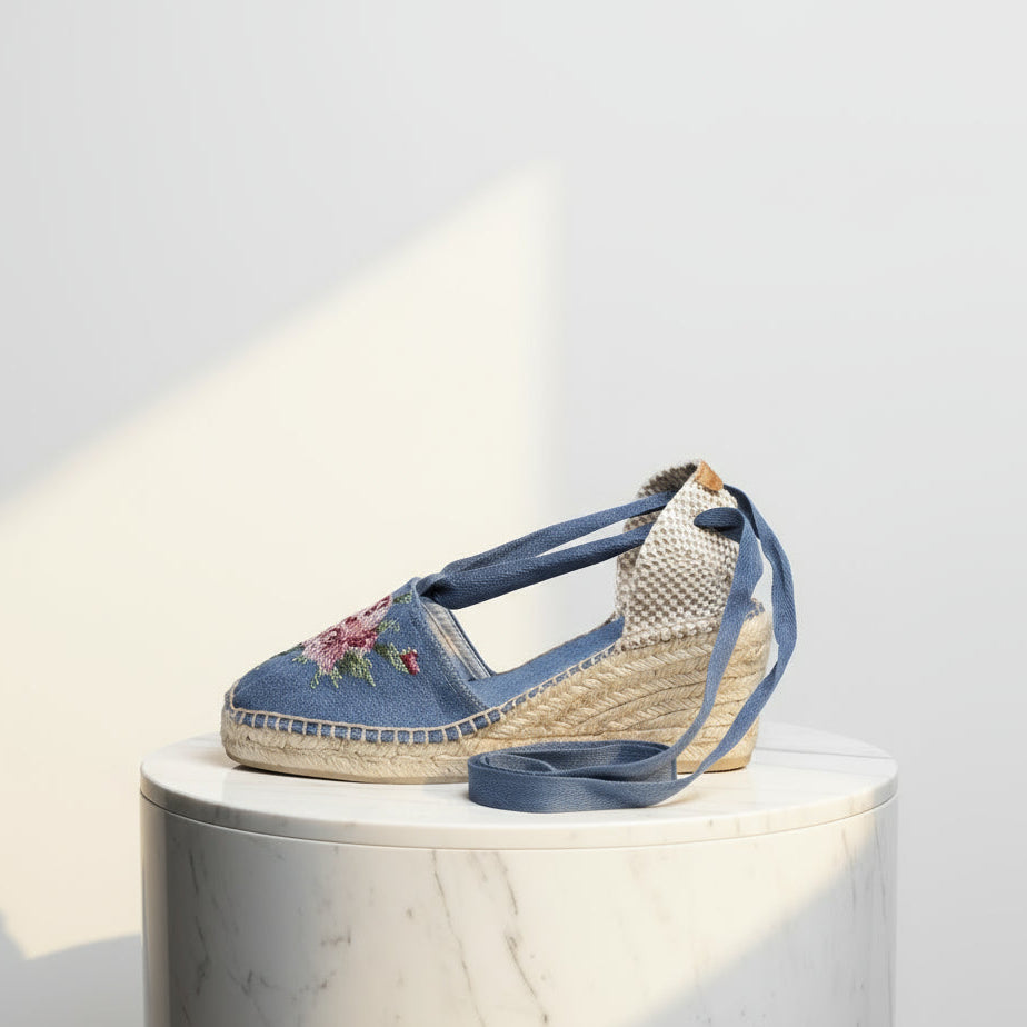 Side profile of VENICE espadrilles showing 6cm jute wedge and blue ribbon ankle ties, made for smaller feet